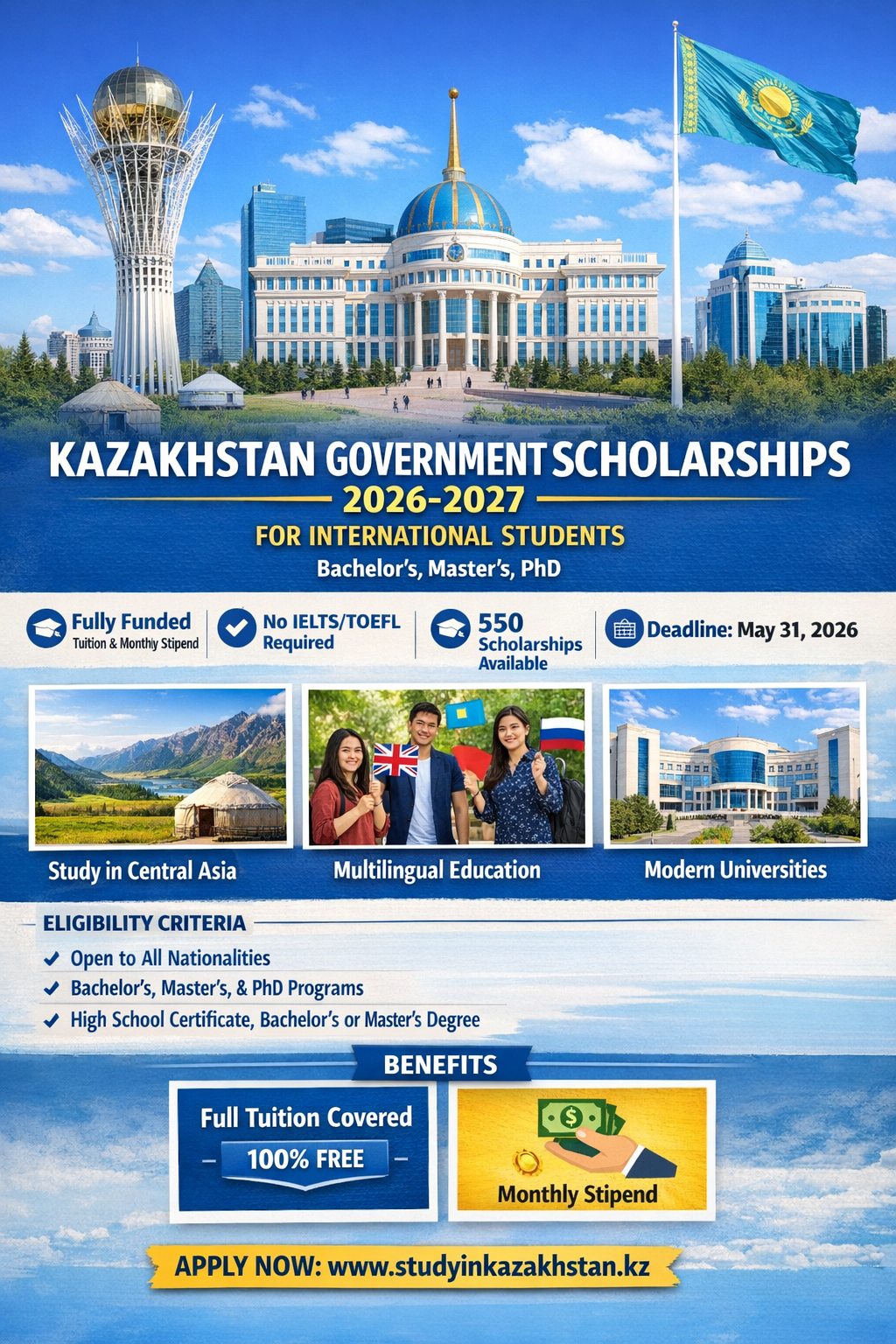 How to Apply for Kazakhstan Government Fully Funded Scholarships 2026-2027 for International Students for Bachelors, Masters, PhD